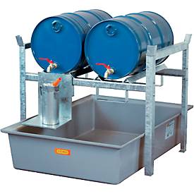 Fassregal TYP 400 Variante 1 CEMO, mit GFK-Auffangwanne, für 2 x 60 I Fässer oder 1 x 200 I Fass, m. Fassauflage, L 990 x B 1280 x H 840 mm