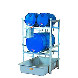 Fassregal Typ 400 Variante 2 CEMO, GFK-Auffangwanne, f. 4 x 60 I Fässer o. 2 x 200 I Fass, m. Fassauflage