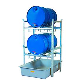 Fassregal Typ 400 Variante 2 CEMO, mit GFK-Auffangwanne und Fassauflage, L 990 x B 1280 x H 1620 mm