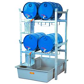 Fassregal Typ 400 Variante 2 CEMO, mit GFK-Auffangwanne und Fassauflage, L 990 x B 1280 x H 1620 mm