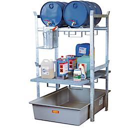 Fassregal Typ 400 Variante 3 CEMO, Auffangwanne, Fass- und Gitterrostauflage, L 990 x B 1280 x H 1620 mm