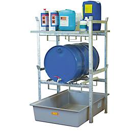 Fassregal Typ 400 Variante 3 CEMO, Auffangwanne, Fass- und Gitterrostauflage, L 990 x B 1280 x H 1620 mm