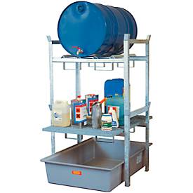 Fassregal Typ 400 Variante 3 CEMO, GFK-Auffangwanne, f. 2 x 60 I Fässer o. 1 x 200 I Fass, Fass- und Gitterrostauflage