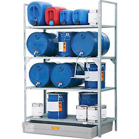 Fassregal Typ 540 CEMO, mit GFK-Auffangwanne und Fassauflage, Gewicht 82 kg, L 1320 x B 800 x H 2000 mm