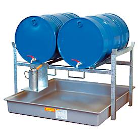Fassregal Typ 800 Variante 1 CEMO, mit Fassauflage und Auffangwanne, für 2 x 200-L-Fässer