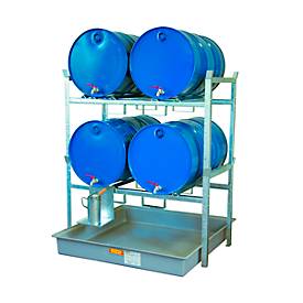 Fassregal Typ 800 Variante 2 CEMO, mit Fassauflage und Auffangwanne, für 4 x 200-L-Fässer