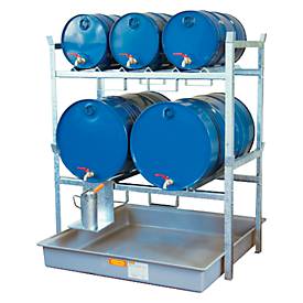 Fassregal Typ 800 Variante 3 CEMO, mit Fassauflage und Auffangwanne, für 2 x 200 I u. 3 x 60-I-Fässer