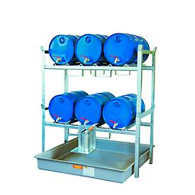 Fassregal Typ 800 Variante 6 CEMO, mit Fassauflage u. Auffangwanne, für 6 x 60 I-Fässer