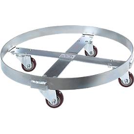 Fassroller, Stahl verzinkt, Ø 610 x H 160 mm, 4 Kunststoff-Lenkrollen, für 250 l Fässer, bis 410 kg