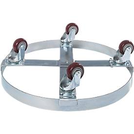 Fassroller, Stahl verzinkt, Ø 610 x H 160 mm, 4 Kunststoff-Lenkrollen, für 250 l Fässer, bis 410 kg