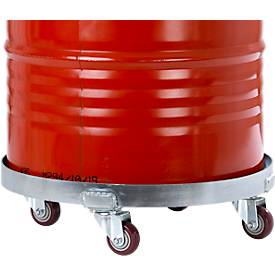 Fassroller, Stahl verzinkt, Ø 610 x H 160 mm, 4 Kunststoff-Lenkrollen, für 250 l Fässer, bis 410 kg