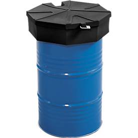 Fasstrichter, Polyethylen, schwarz, Ø 690 x H 190 mm, Füllvolumen 22 l, mit Deckel und Sieb