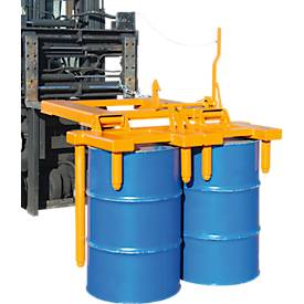 Fasswender Bauer Typ FW-II, für 200 l Fässer, 600 kg, Kippvorgang per Seilzug, Stapleraufnahme, Stahl gelborange