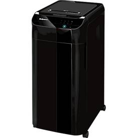 Fellowes Aktenvernichter AutoMax 450C, Vollautomatik, Partikelschnitt 4 x 38 mm, P-4, 68 l, 450 Blatt Schnittleistung, mobil, schwarz