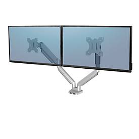 Fellowes Dual Monitorarm Platinum, für 2 Displays bis 32″ & bis 8 kg, schwenk- & neigbar, um 360° drehbar, 2 USB-Ports, Kabelmanagement, silber
