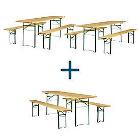 Festzeltgarnitur, 3-teilig, bestehend aus 1 Tisch und 2 Bänken, extra groß, 2 Garnituren + 1 Garnitur gratis