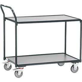 Fetra Table Cart, 2 tiers, L 850 x W 500 mm, up to 300 kg, 2 push handles, swivel and fixed casters, wood and steel, anthracite gray RAL 7016