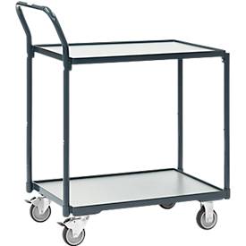 Fetra Tischwagen 2 Etagen, L 740 x B 480 mm, 200 kg, Stahl RAL 7016, TPE-Rollen mit Feststeller, obere 80 kg