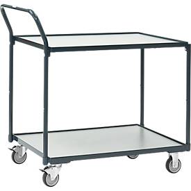 Fetra Tischwagen 2 Etagen, L 910 x B 610 mm, 200 kg, Stahl RAL 7016, TPE-Rollen mit Feststeller, obere 80 kg