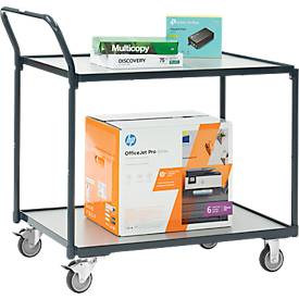 Fetra Tischwagen 2 Etagen, L 910 x B 610 mm, 200 kg, Stahl RAL 7016, TPE-Rollen mit Feststeller, obere 80 kg