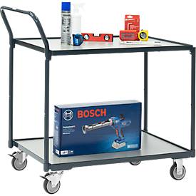 Fetra Tischwagen 2 Etagen, L 910 x B 610 mm, 200 kg, Stahl RAL 7016, TPE-Rollen mit Feststeller, obere 80 kg