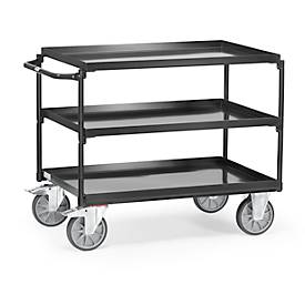fetra Tischwagen „Grey Edition“, Stahl, anthrazitgrau, mit Wannen, 3 Etagen, L 1171 x B 700 x H 910 mm, bis 400 kg