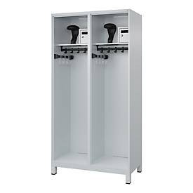 Feuerwehrspind C+P Evolo Flexo, 2 Abteile, Helmhalter, mit Füßen, B 1000 x T 500 x H 1950 mm, RAL 7035 Lichtgrau/RAL 7035 Lichtgrau
