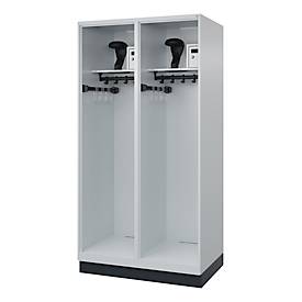 Feuerwehrspind C+P Evolo Flexo, 2 Abteile, Helmhalter, mit Sockel, B 1000 x T 600 x H 1950 mm, RAL 7035 Lichtgrau/RAL 7035 Lichtgrau