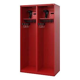 Feuerwehrspind C+P Evolo Flexo, 2 Abteile, mit Helmhalter, Bodengleiter, B 1000 x T 500 x H 1850 mm, RAL 3000 Feuerrot