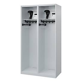 Feuerwehrspind C+P Evolo Flexo, 2 Abteile, mit Helmhalter, Bodengleiter, B 1000 x T 500 x H 1850 mm, RAL 7035 Lichtgrau