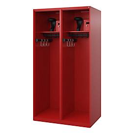 Feuerwehrspind C+P Evolo Flexo, 2 Abteile, mit Helmhalter, Bodengleiter, B 1000 x T 600 x H 1850 mm, RAL 3000 Feuerrot