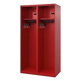 Feuerwehrspind C+P Evolo Flexo, 2 Abteile, ohne Helmhalter, Bodengleiter, B 1000 x T 500 x H 1850 mm, RAL 3000 Feuerrot