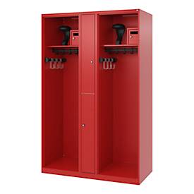 Feuerwehrspind C+P Evolo Maxi, 4 Abteile für 2 Personen, mit Helmhalter, Bodengleiter, B 1200 x T 500 x H 1850 mm, RAL 3000 Feuerrot