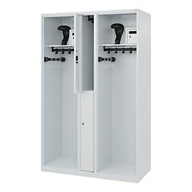 Feuerwehrspind C+P Evolo Maxi, 4 Abteile für 2 Personen, mit Helmhalter, Bodengleiter, B 1200 x T 500 x H 1850 mm, RAL 7035 Lichtgrau