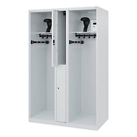 Feuerwehrspind C+P Evolo Maxi, 4 Abteile für 2 Personen, mit Helmhalter, Bodengleiter, B 1200 x T 500 x H 1850 mm, RAL 7035 Lichtgrau
