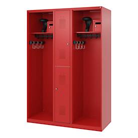 Feuerwehrspind C+P Evolo Maxi, 4 Abteile für 2 Personen, mit Helmhalter, Bodengleiter, B 1300 x T 500 x H 1850 mm, RAL 3000 Feuerrot