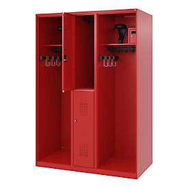Feuerwehrspind C+P Evolo Maxi, 4 Abteile für 2 Personen, mit Helmhalter, Bodengleiter, B 1300 x T 600 x H 1850 mm, RAL 3000 Feuerrot