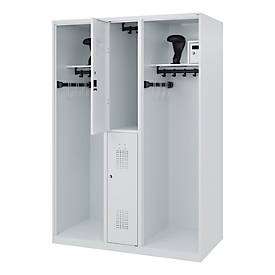 Feuerwehrspind C+P Evolo Maxi, 4 Abteile für 2 Personen, mit Helmhalter, Bodengleiter, B 1300 x T 600 x H 1850 mm, RAL 7035 Lichtgrau