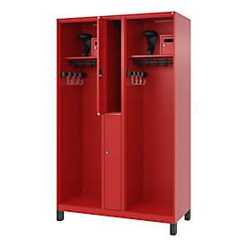 Feuerwehrspind C+P Evolo Maxi, 4 Abteile für 2 Personen, mit Helmhalter, mit Füßen, B 1200 x T 500 x H 1950 mm, RAL 3000 Feuerrot/RAL 7021 Schwarzgrau