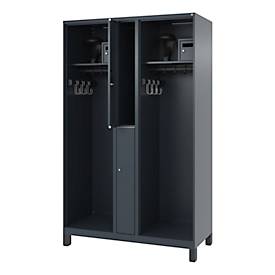 Feuerwehrspind C+P Evolo Maxi, 4 Abteile für 2 Personen, mit Helmhalter, mit Füßen, B 1200 x T 500 x H 1950 mm, RAL 7016 Anthrazitgrau/RAL 7021 Schwarzgrau