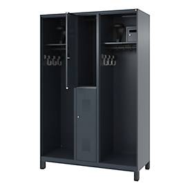 Feuerwehrspind C+P Evolo Maxi, 4 Abteile für 2 Personen, mit Helmhalter, mit Füßen, B 1200 x T 500 x H 1950 mm, RAL 7016 Anthrazitgrau/RAL 7021 Schwarzgrau