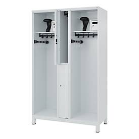 Feuerwehrspind C+P Evolo Maxi, 4 Abteile für 2 Personen, mit Helmhalter, mit Füßen, B 1200 x T 500 x H 1950 mm, RAL 7035 Lichtgrau