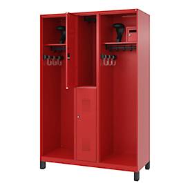 Feuerwehrspind C+P Evolo Maxi, 4 Abteile für 2 Personen, mit Helmhalter, mit Füßen, B 1300 x T 500 x H 1950 mm, RAL 3000 Feuerrot/RAL 7021 Schwarzgrau