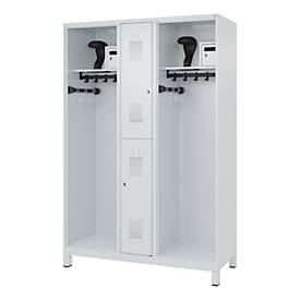 Feuerwehrspind C+P Evolo Maxi, 4 Abteile für 2 Personen, mit Helmhalter, mit Füßen, B 1300 x T 500 x H 1950 mm, RAL 7035 Lichtgrau