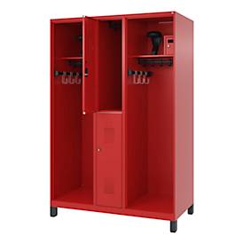 Feuerwehrspind C+P Evolo Maxi, 4 Abteile für 2 Personen, mit Helmhalter, mit Füßen, B 1300 x T 600 x H 1950 mm, RAL 3000 Feuerrot/RAL 7021 Schwarzgrau