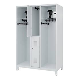 Feuerwehrspind C+P Evolo Maxi, 4 Abteile für 2 Personen, mit Helmhalter, mit Füßen, B 1300 x T 600 x H 1950 mm, RAL 7035 Lichtgrau