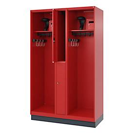 Feuerwehrspind C+P Evolo Maxi, 4 Abteile für 2 Personen, mit Helmhalter, mit Sockel, B 1200 x T 500 x H 1950 mm, RAL 3000 Feuerrot/RAL 7016 Anthrazitgrau