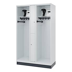 Feuerwehrspind C+P Evolo Maxi, 4 Abteile für 2 Personen, mit Helmhalter, mit Sockel, B 1200 x T 500 x H 1950 mm, RAL 7035 Lichtgrau/RAL 7016 Anthrazitgrau