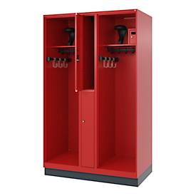 Feuerwehrspind C+P Evolo Maxi, 4 Abteile für 2 Personen, mit Helmhalter, mit Sockel, B 1200 x T 600 x H 1950 mm, RAL 3000 Feuerrot/RAL 7016 Anthrazitgrau