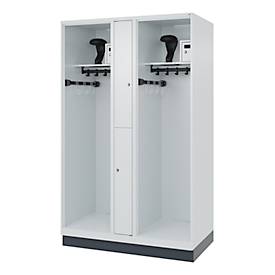 Feuerwehrspind C+P Evolo Maxi, 4 Abteile für 2 Personen, mit Helmhalter, mit Sockel, B 1200 x T 600 x H 1950 mm, RAL 7035 Lichtgrau/RAL 7016 Anthrazitgrau